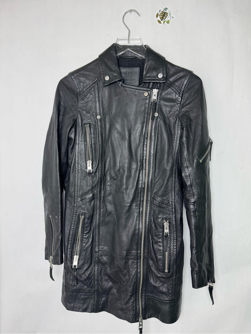 All Saints Whitmer leather biker jacket trench coat with NO belt. Sz 2 - Picture 3 of 13